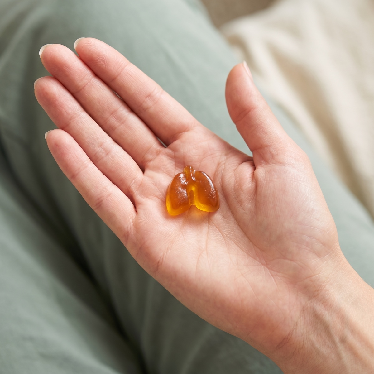 Hand holding a lung-shaped BetterLungs gummy
